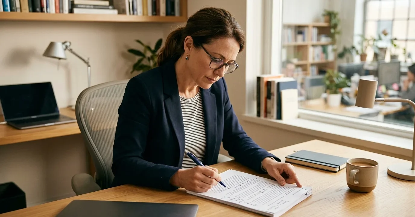 Person editing a document on laptop focused on improving writing style in a bright modern office