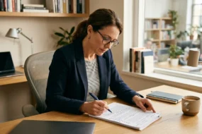 Person editing a document on laptop focused on improving writing style in a bright modern office