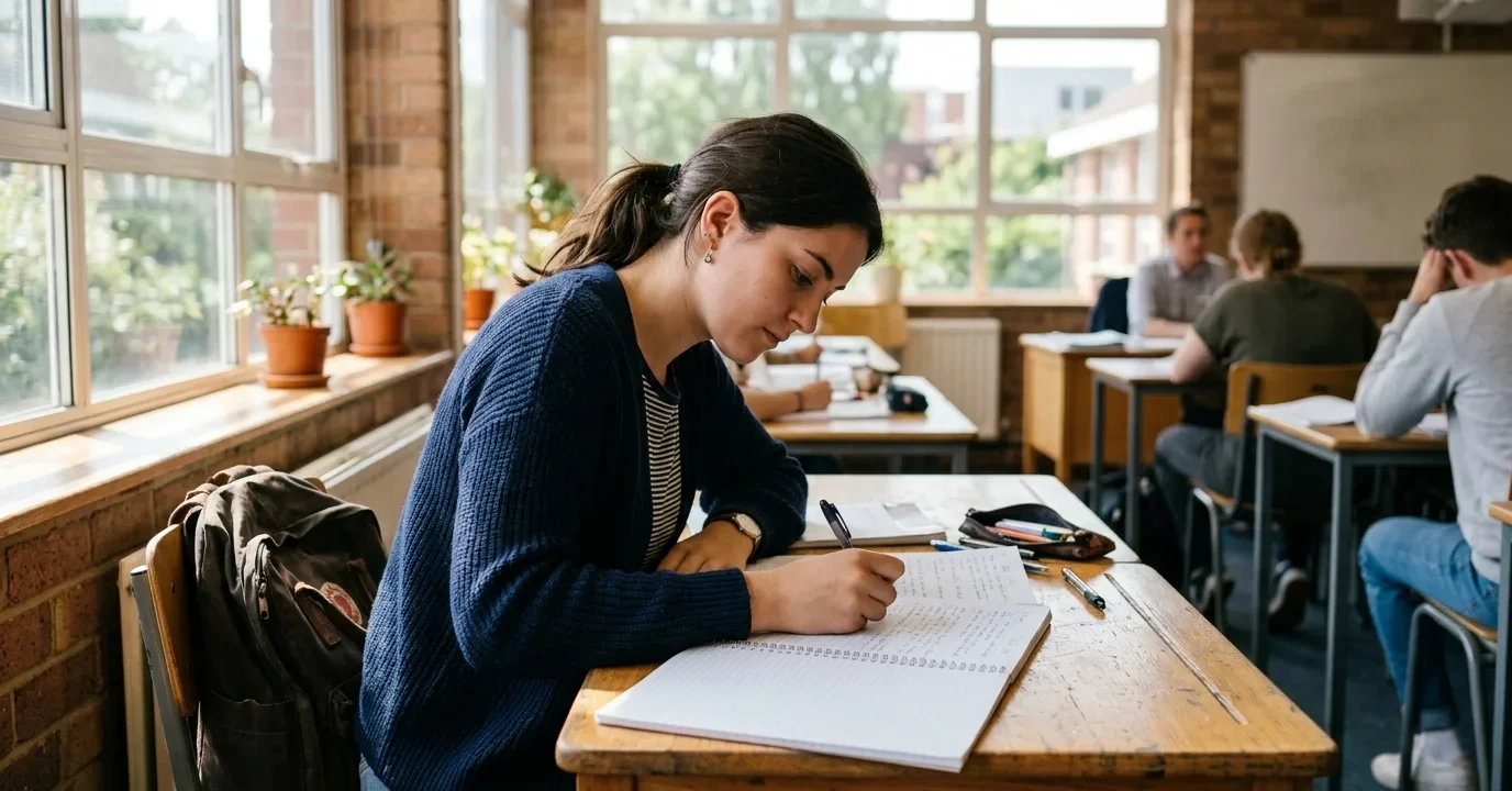 Student practicing grammar and writing exercises in a bright classroom