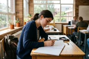 Student practicing grammar and writing exercises in a bright classroom
