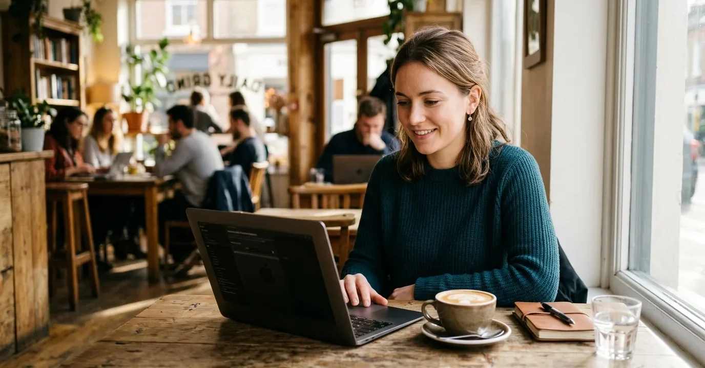 Person using free AI detection tools online at a laptop in a coffee shop