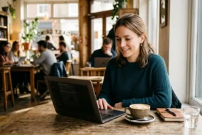 Person using free AI detection tools online at a laptop in a coffee shop