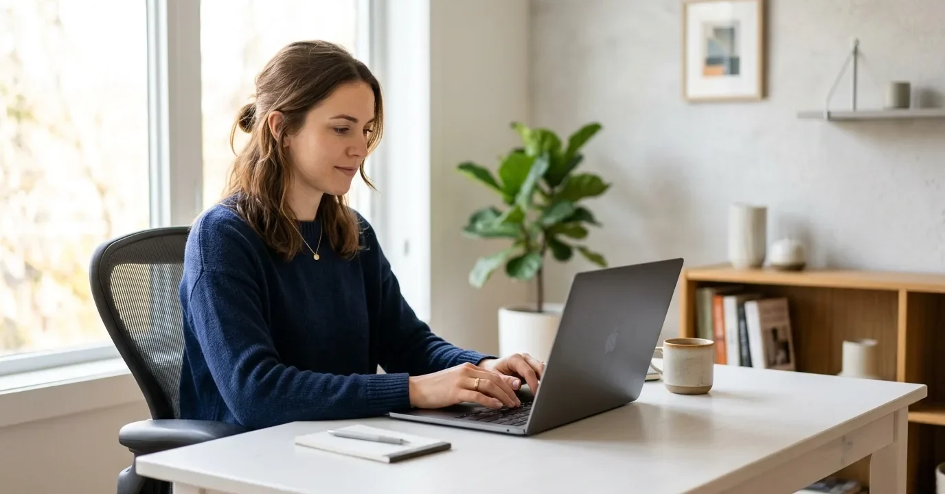 Person typing on a laptop working with AI writing enhancement tools in a modern workspace