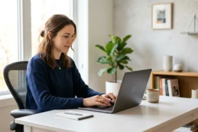Person typing on a laptop working with AI writing enhancement tools in a modern workspace