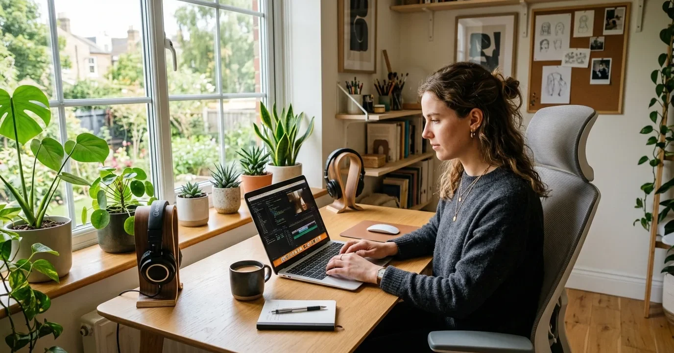 Content creator at a laptop refining AI-generated text into natural human writing