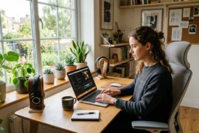 Content creator at a laptop refining AI-generated text into natural human writing