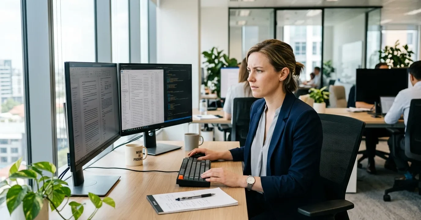 Professional analyzing content quality at a dual-monitor setup in a modern office