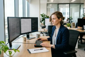 Professional analyzing content quality at a dual-monitor setup in a modern office