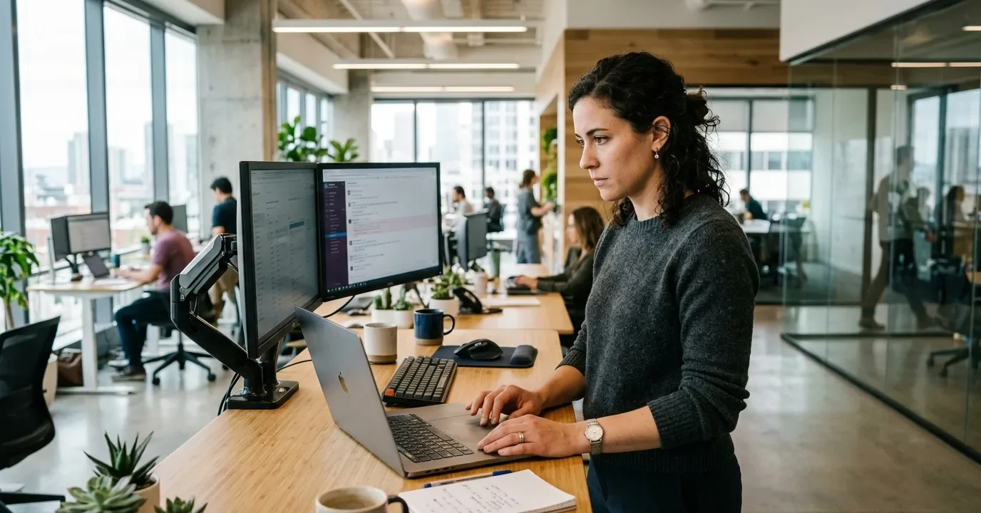 Professional reviewer testing AI detection tools on a laptop in a modern tech workspace