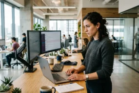 Professional reviewer testing AI detection tools on a laptop in a modern tech workspace