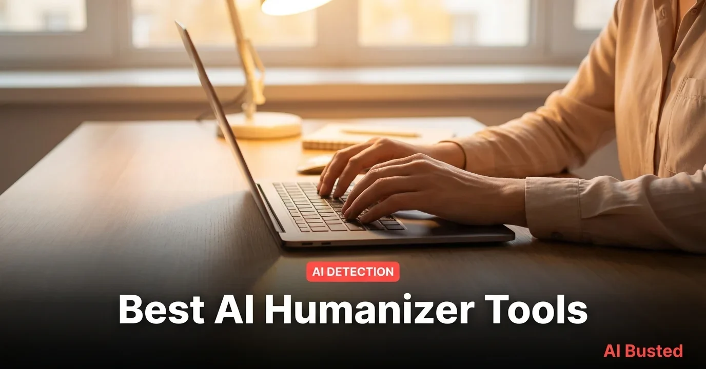 Hands typing on laptop at clean desk - best AI humanizer tools guide