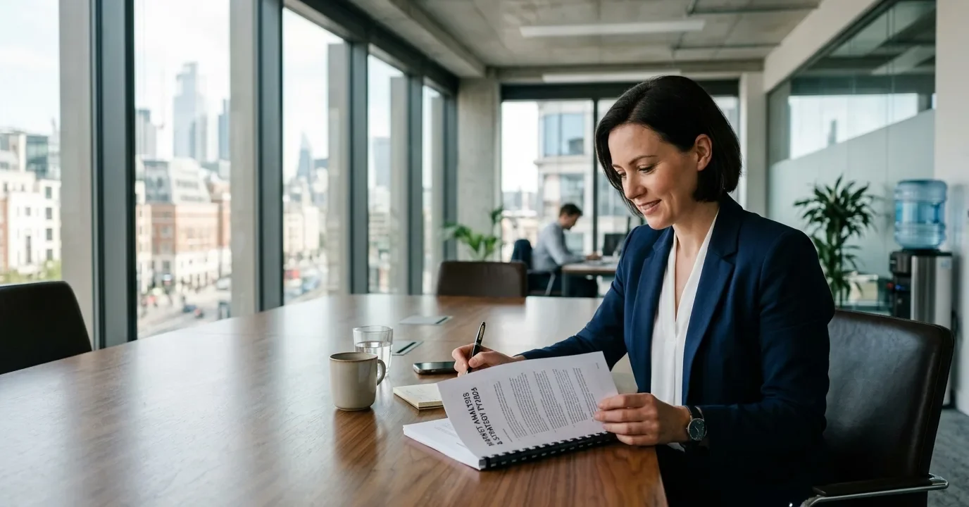 Business professional reviewing a printed report at a polished conference room table