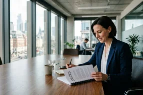 Business professional reviewing a printed report at a polished conference room table