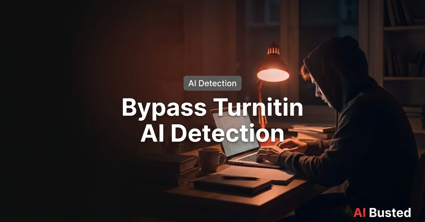 Student at dark desk with red lamp typing on laptop - bypass Turnitin AI detection guide
