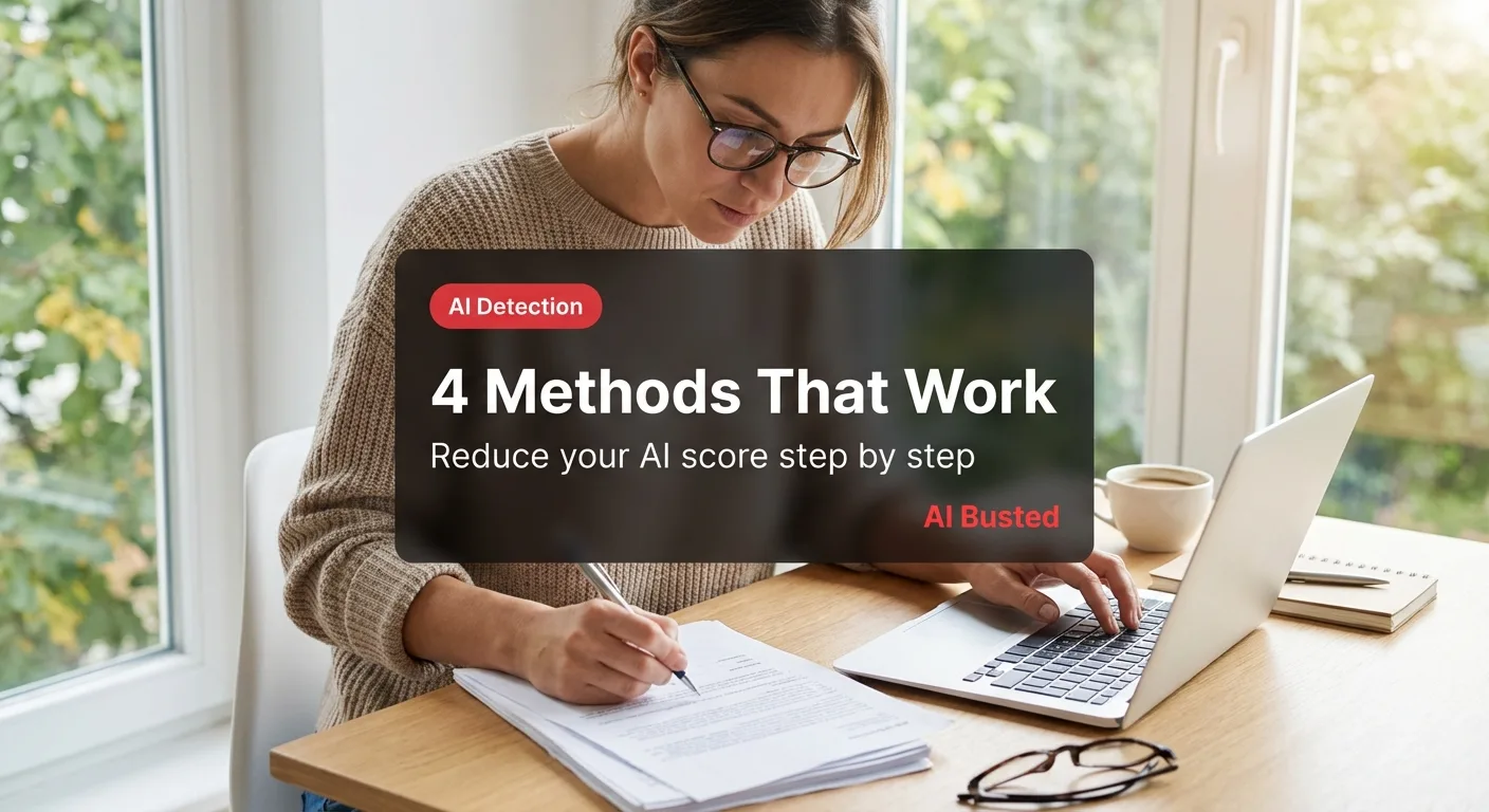 Infographic showing 4 methods to bypass Turnitin AI detection with score reduction ranges for each method