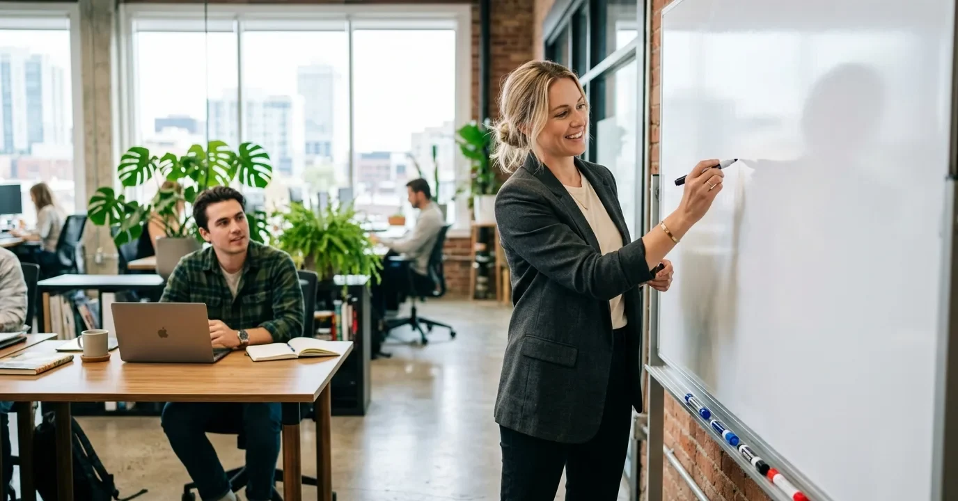 Marketing professional planning content repurposing strategy on a whiteboard