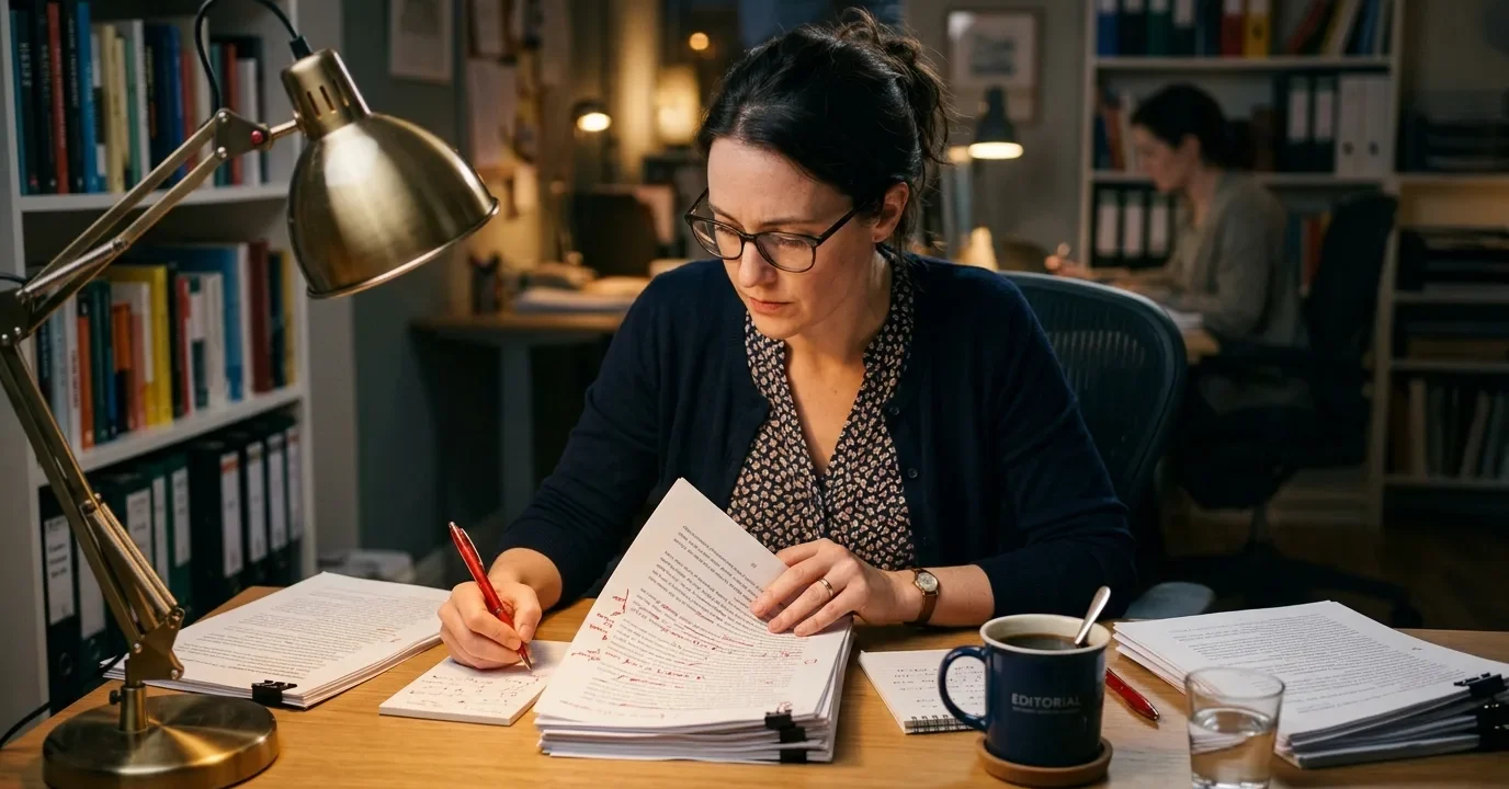 Editor carefully reviewing and marking up printed manuscript pages at a desk