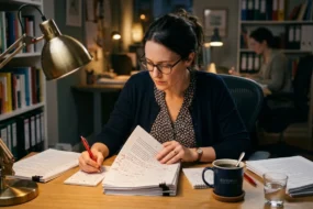 Editor carefully reviewing and marking up printed manuscript pages at a desk