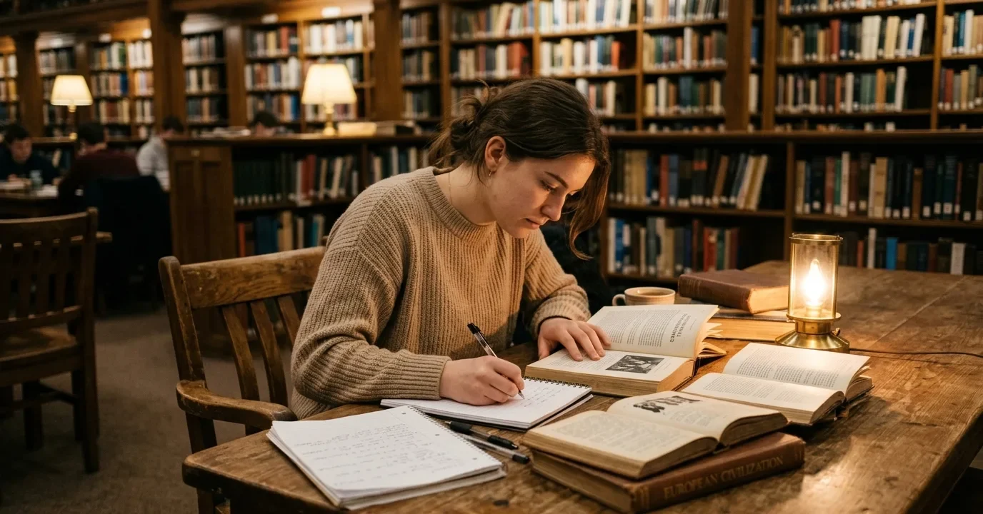 Person studying grammar and writing examples in a quiet library setting with books open