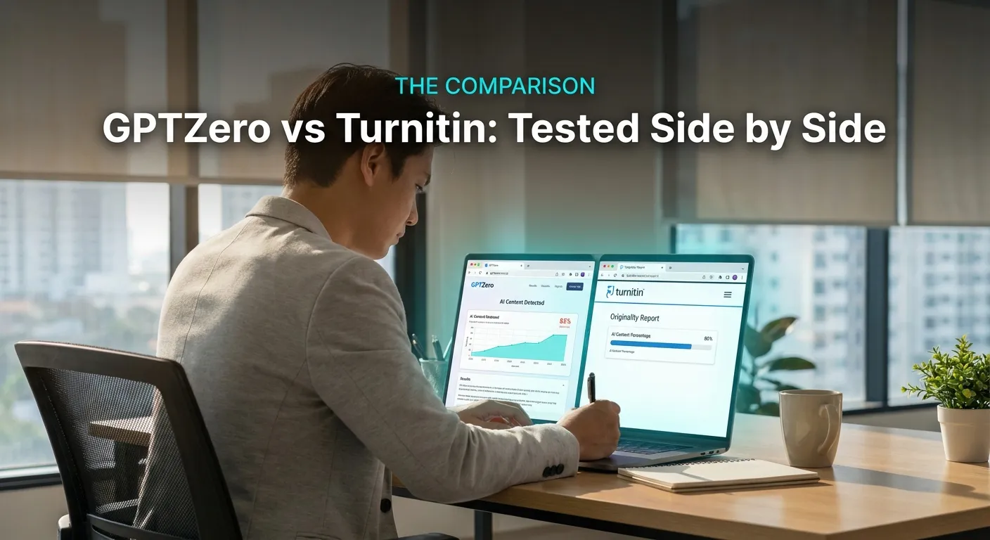 GPTZero vs Turnitin comparison: Person at desk comparing results side by side on dual laptop screens in office setting