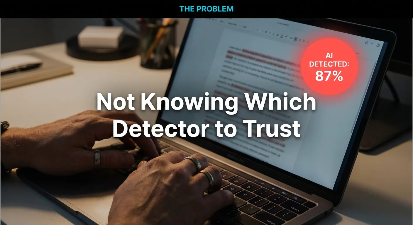 Close-up of hands typing on laptop showing AI Detected 87 percent warning badge, illustrating uncertainty about which AI detector to trust