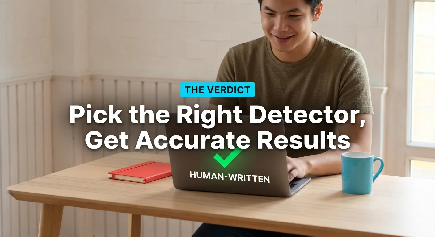 Smiling person at laptop with green checkmark and Human-Written result