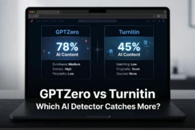 GPTZero and Turnitin comparison shown side by side on laptop screens during an AI detector review