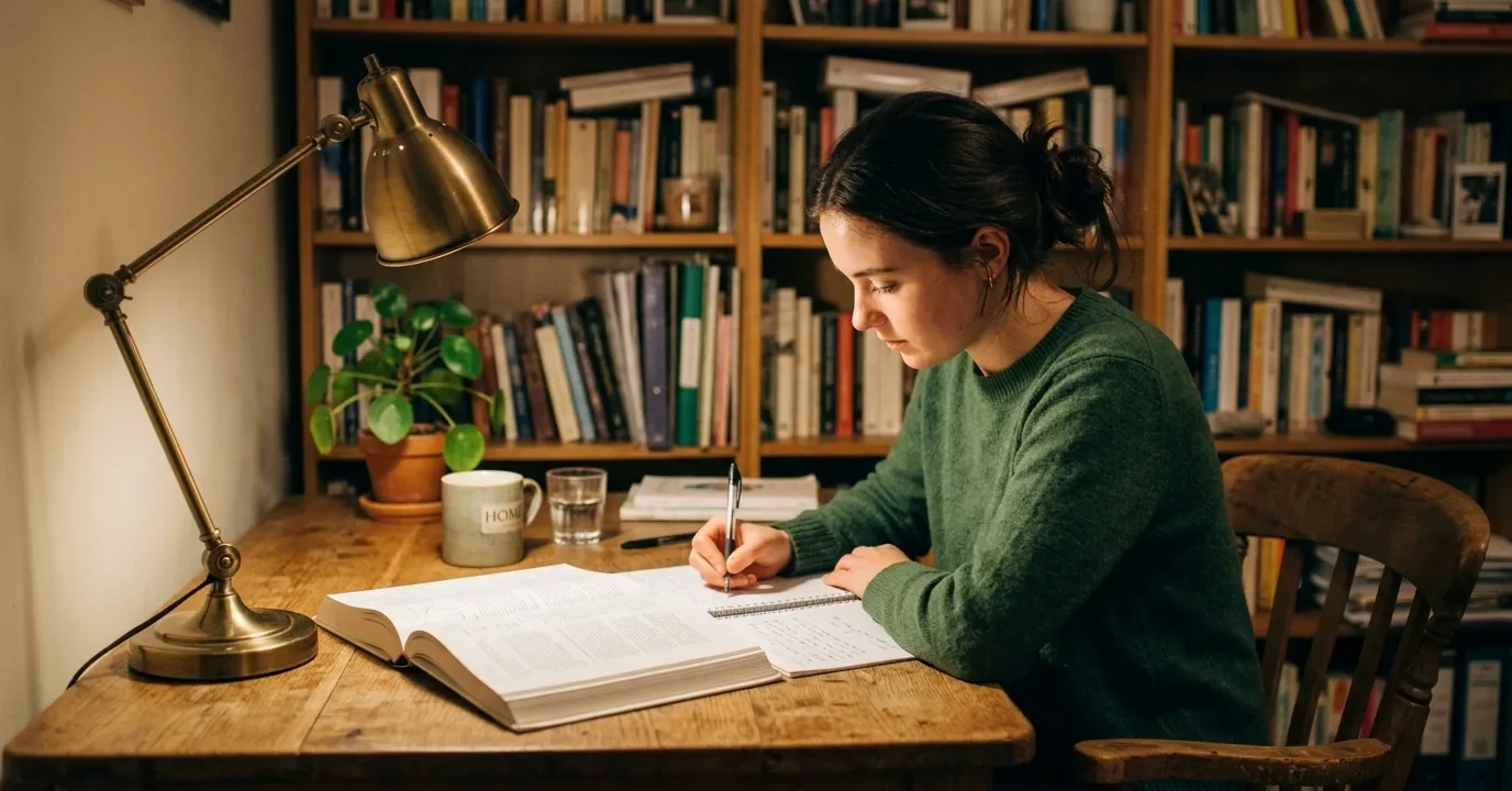 Person studying grammar rules with a book open on a desk in a well-lit study
