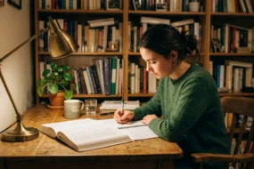 Person studying grammar rules with a book open on a desk in a well-lit study