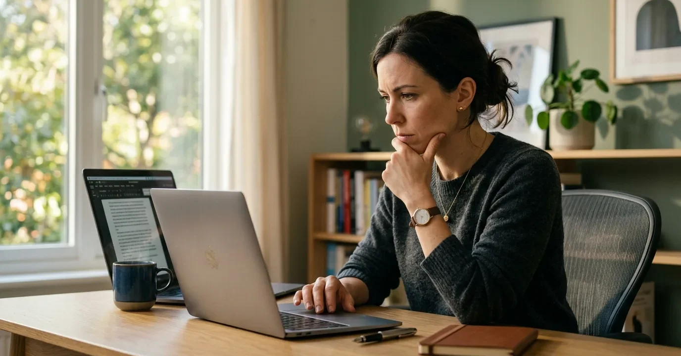 Editor carefully reading and analyzing text on a laptop to detect AI-generated content