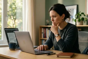 Editor carefully reading and analyzing text on a laptop to detect AI-generated content