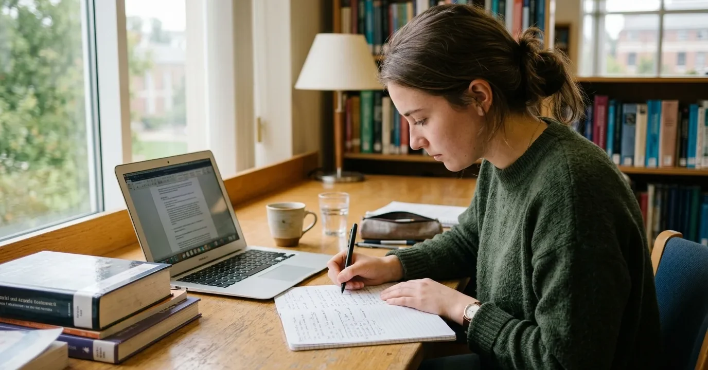 Student working at a desk with books and laptop practicing paraphrasing techniques
