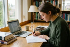 Student working at a desk with books and laptop practicing paraphrasing techniques