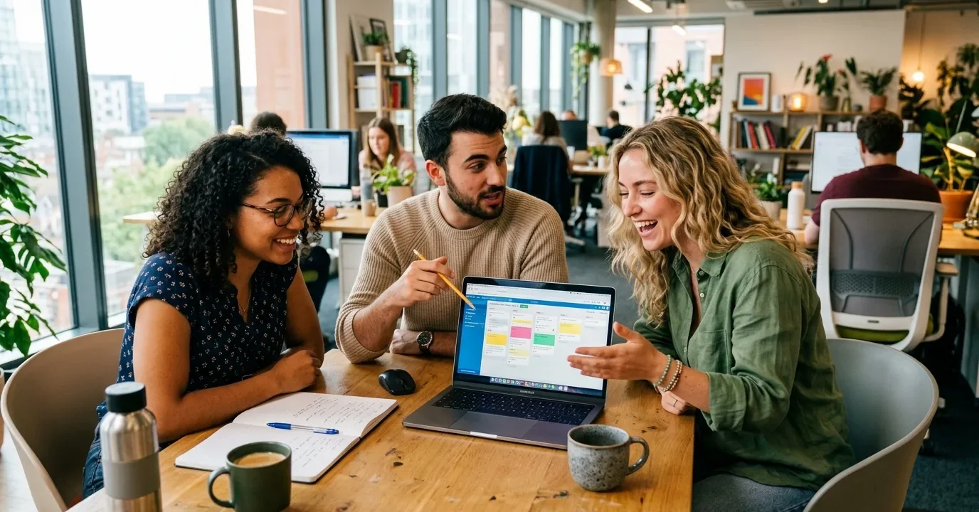 Content team collaborating in a modern office to scale their content production workflow
