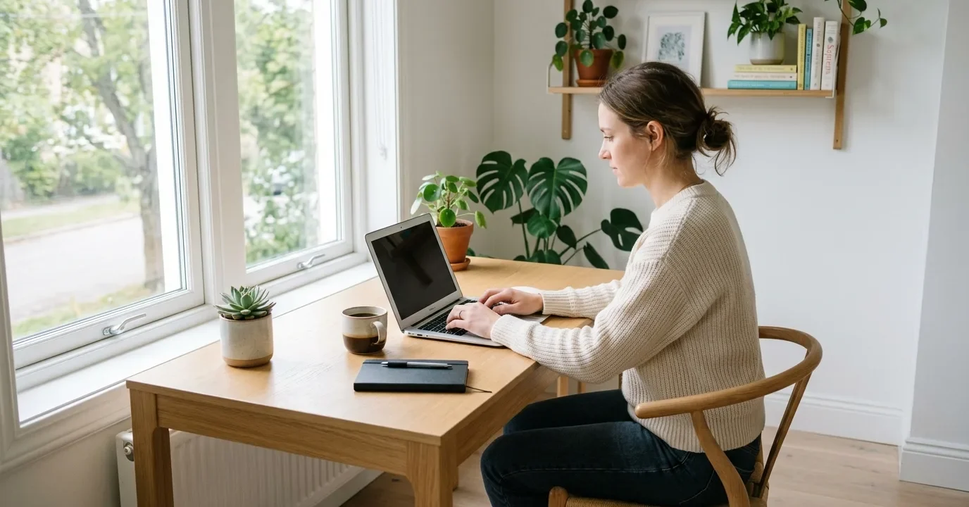 SEO writer working on optimizing articles for search engines at a laptop