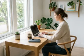 SEO writer working on optimizing articles for search engines at a laptop