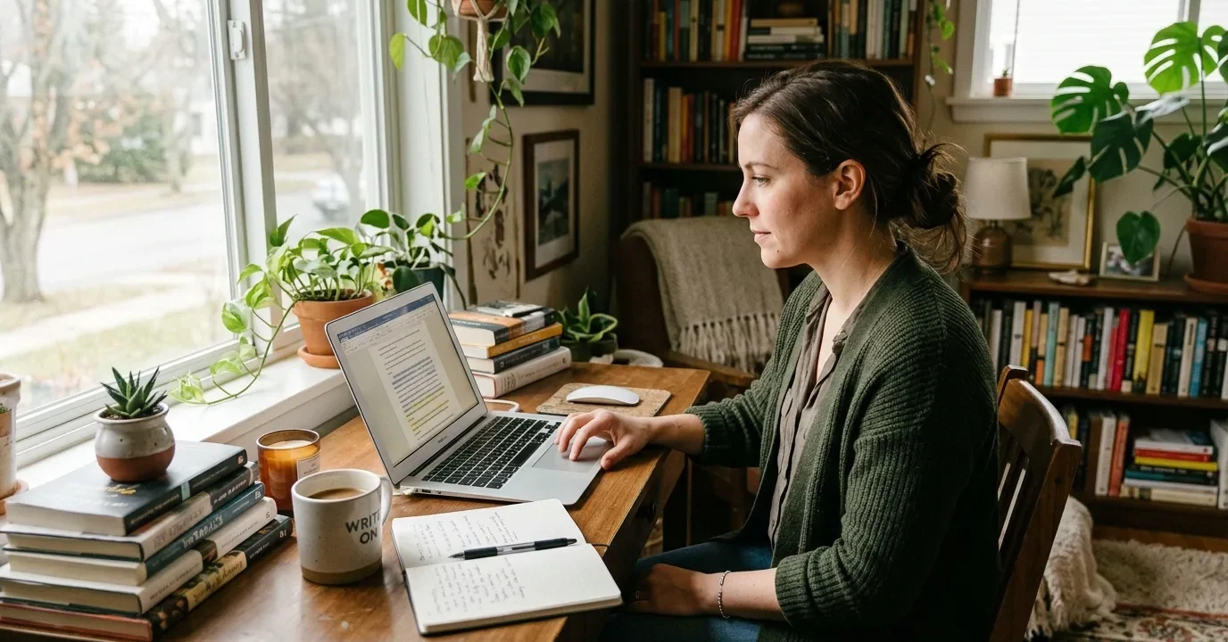 Freelance writer editing AI content to make it sound more human on a laptop