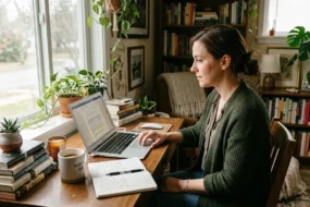 Freelance writer editing AI content to make it sound more human on a laptop