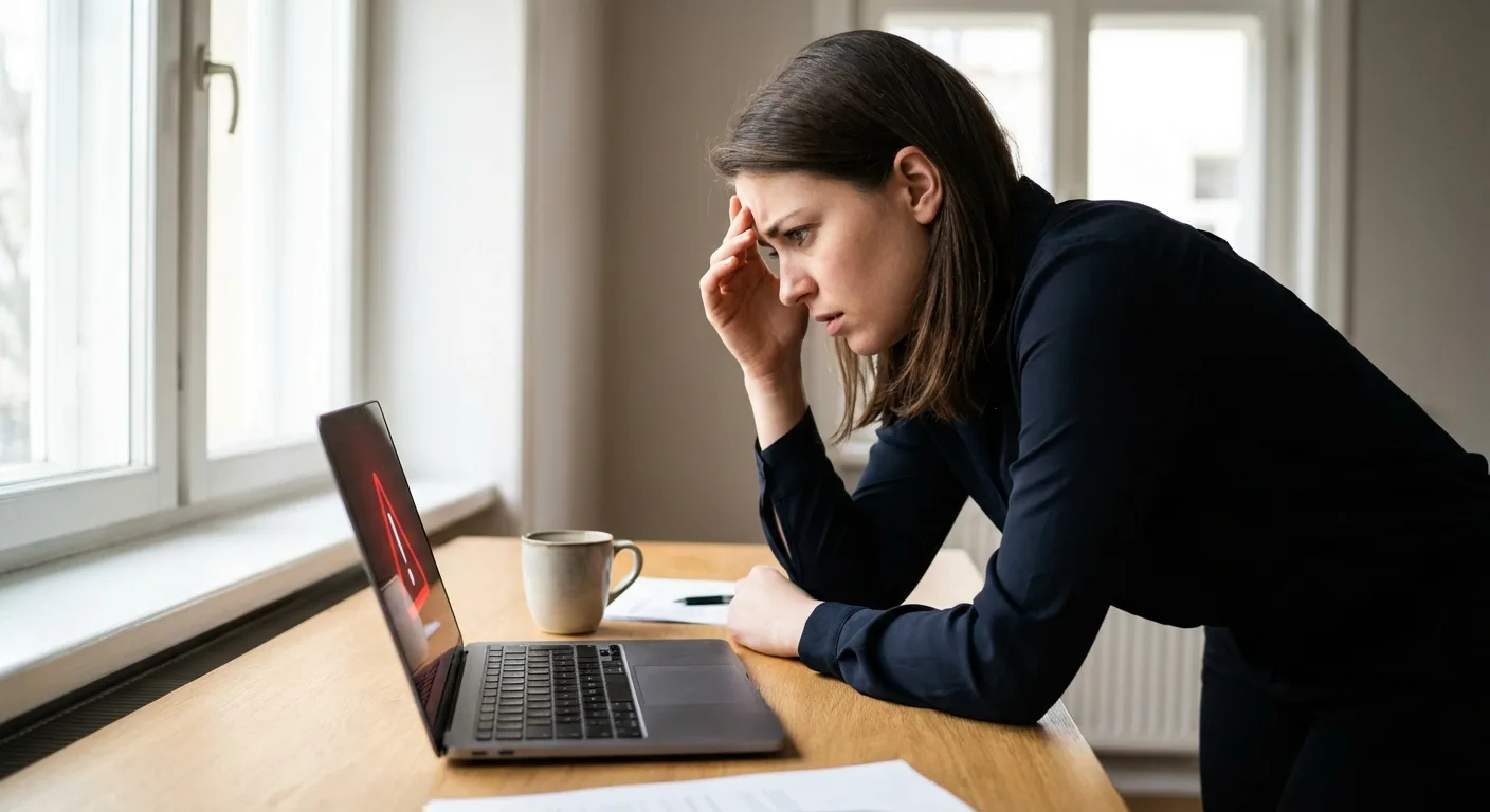 Young professional woman sitting at desk looking frustrated at laptop screen while reviewing content detection results