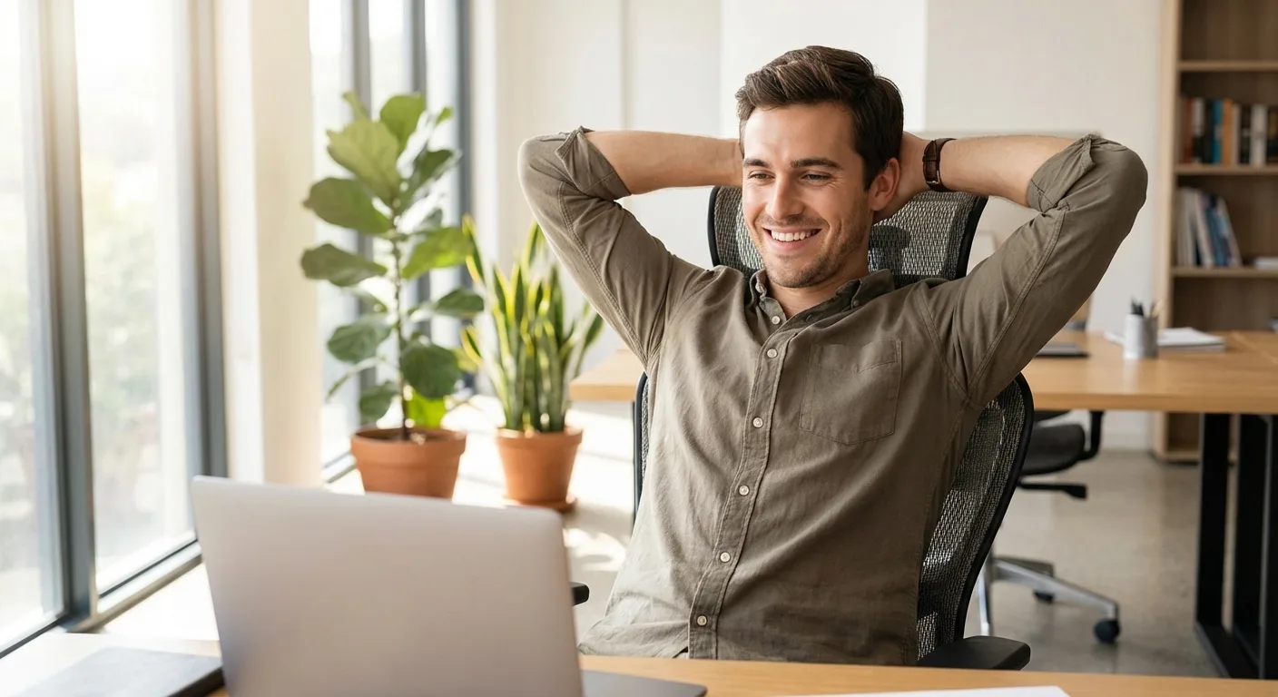 Satisfied young man leaning back in office chair smiling at laptop screen in bright modern workspace