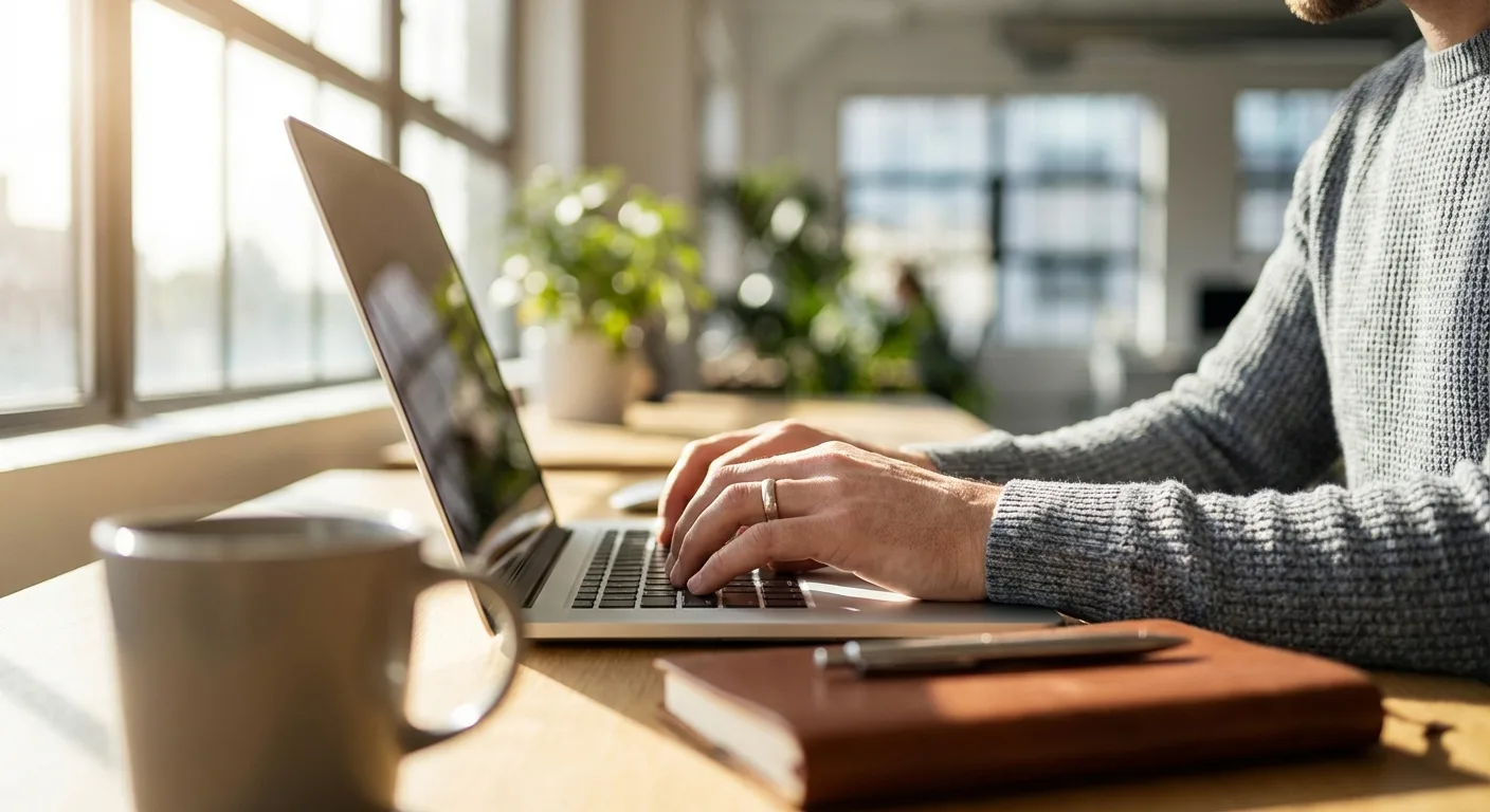 Close-up of hands typing on laptop keyboard with notebook and coffee on clean desk, writing and editing content
