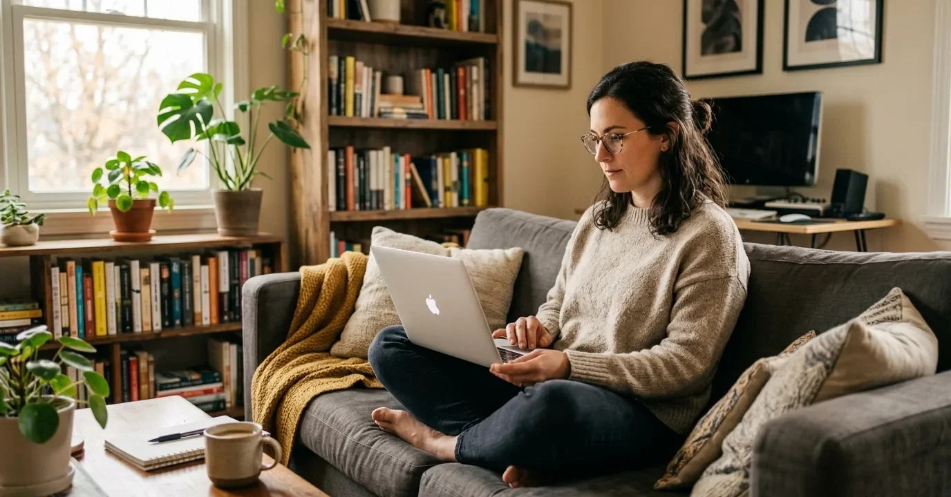 Writer rewriting and editing content on a laptop to improve naturalness and quality