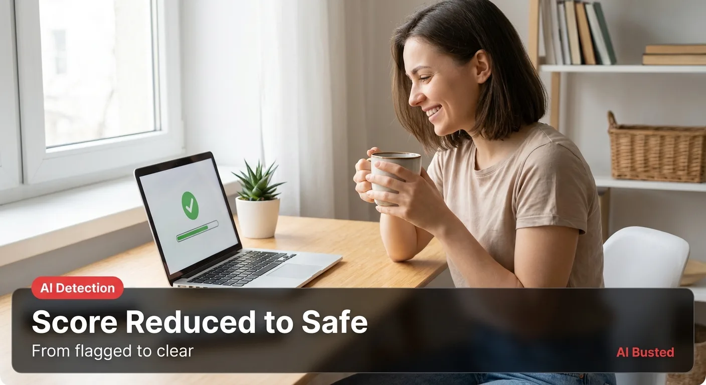 Before and after comparison showing Turnitin AI score dropping from 84% to 8% after using an AI humanizer tool