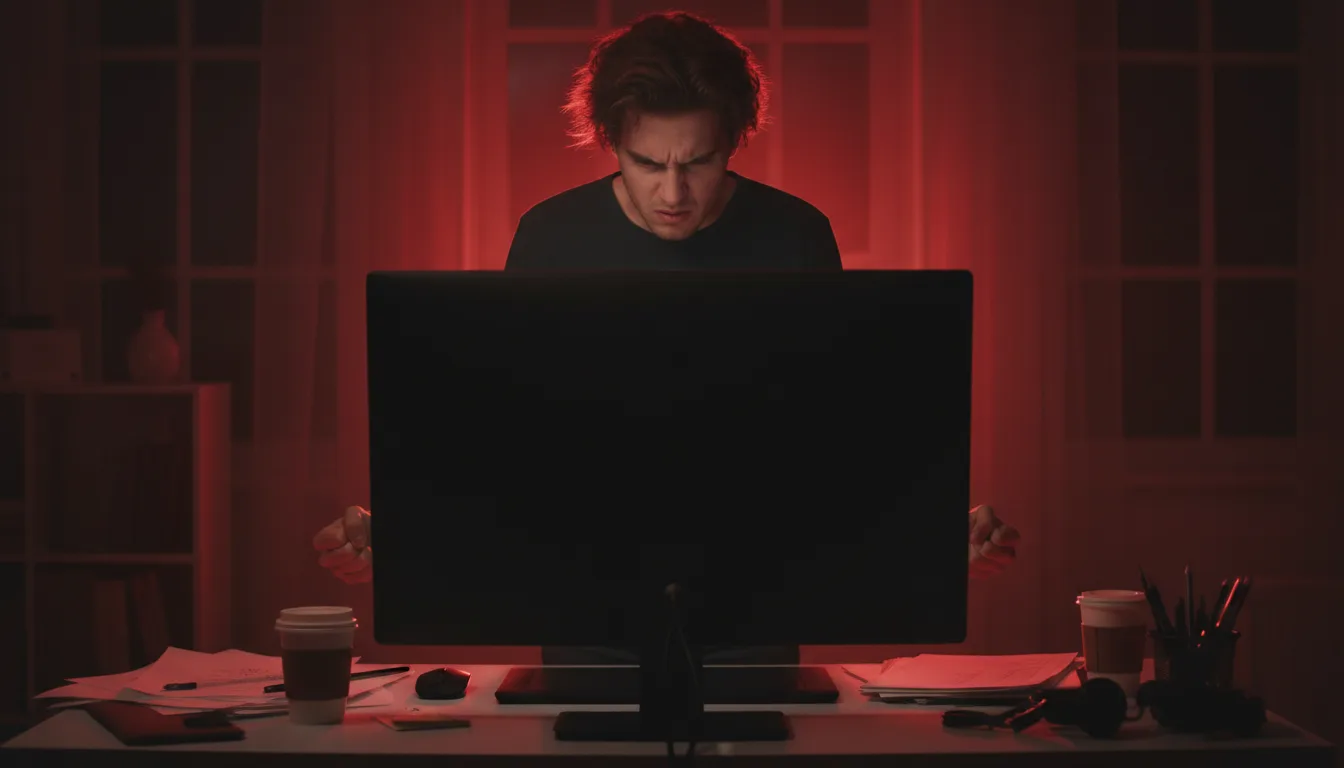 Frustrated content creator facing the back of a dark monitor in a red-lit room.