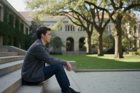Student sitting on campus steps for an ai detection tools guide.