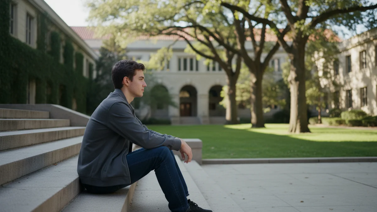 Student sitting on campus steps for an ai detection tools guide.