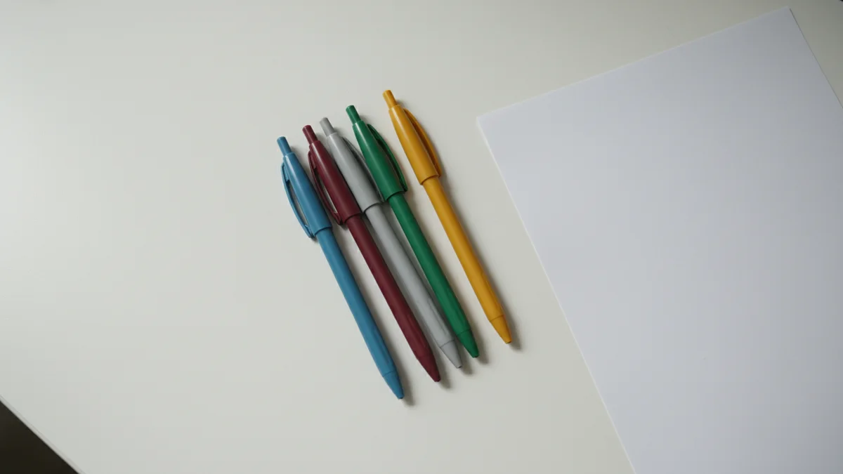 Plain colored pens on a desk for comparing ai detection tools.