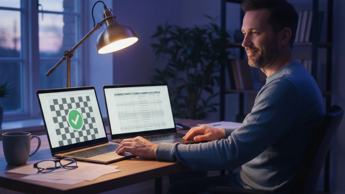 Creator completing final AI text validation after extension screening using a two-laptop review workflow.