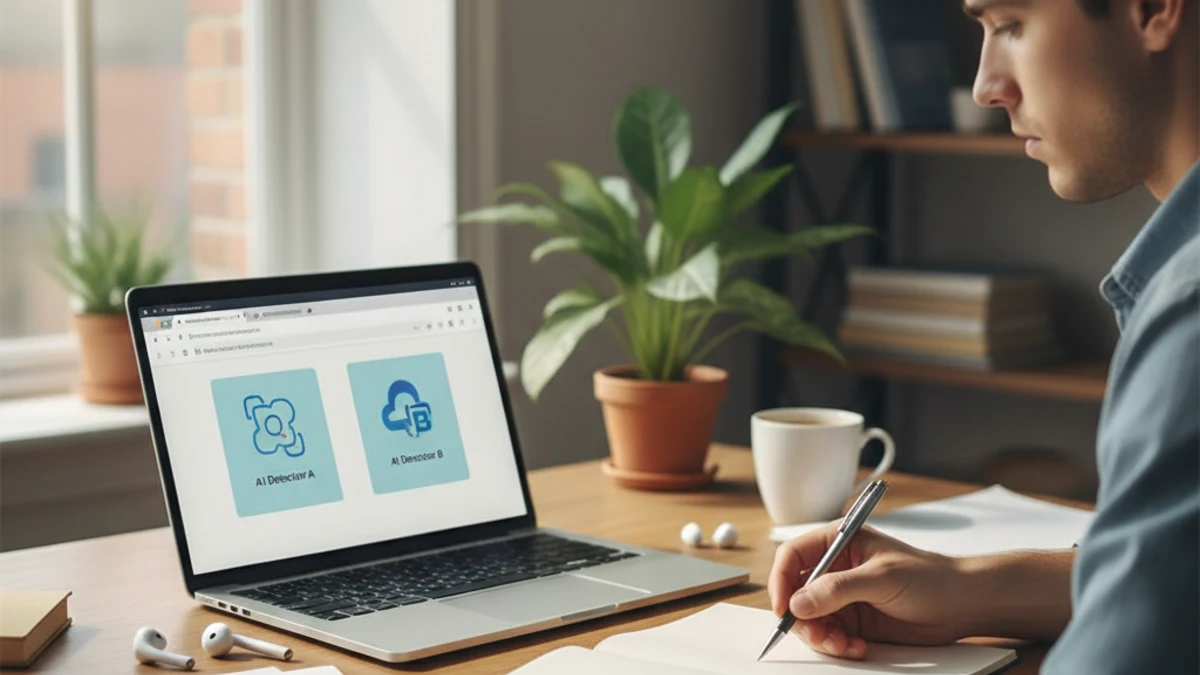 Student comparing browser-based AI detector options while taking workflow notes beside a laptop.