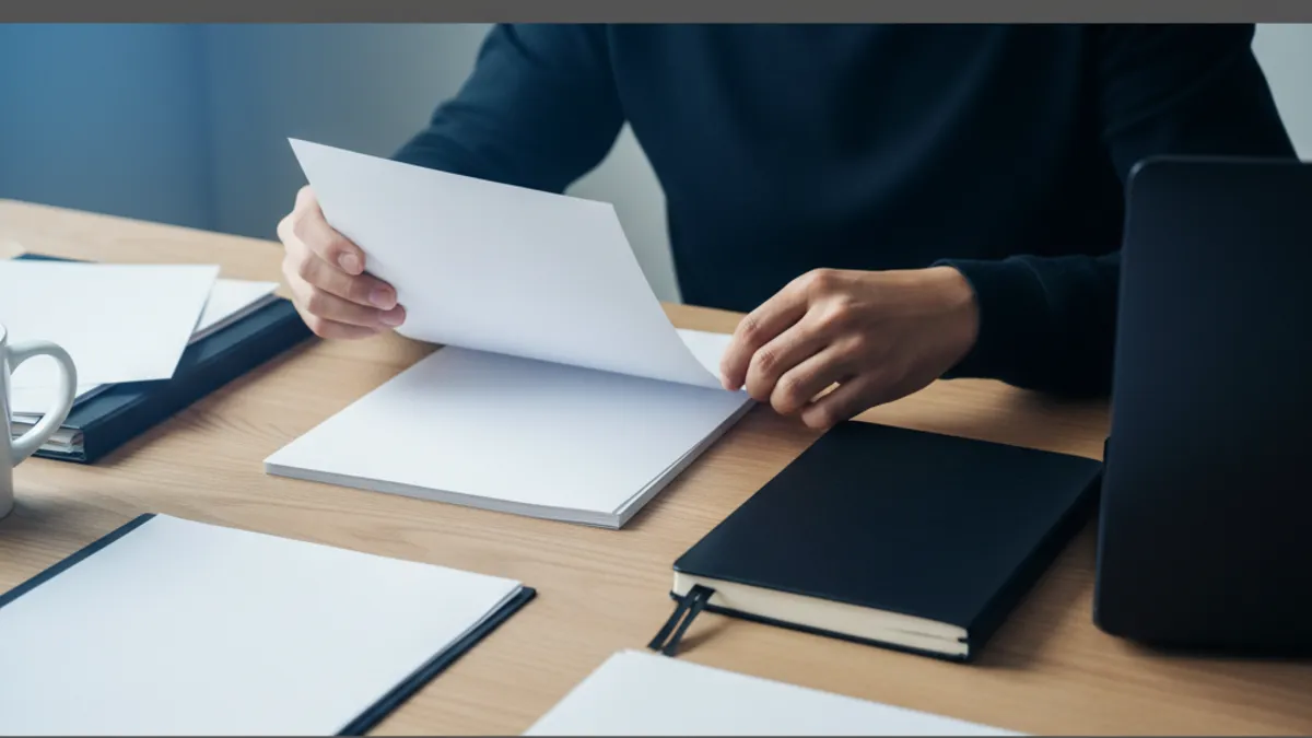 Close-up of hands arranging blank pages and notebooks beside a dark laptop to represent careful human editing before an AI detector check.